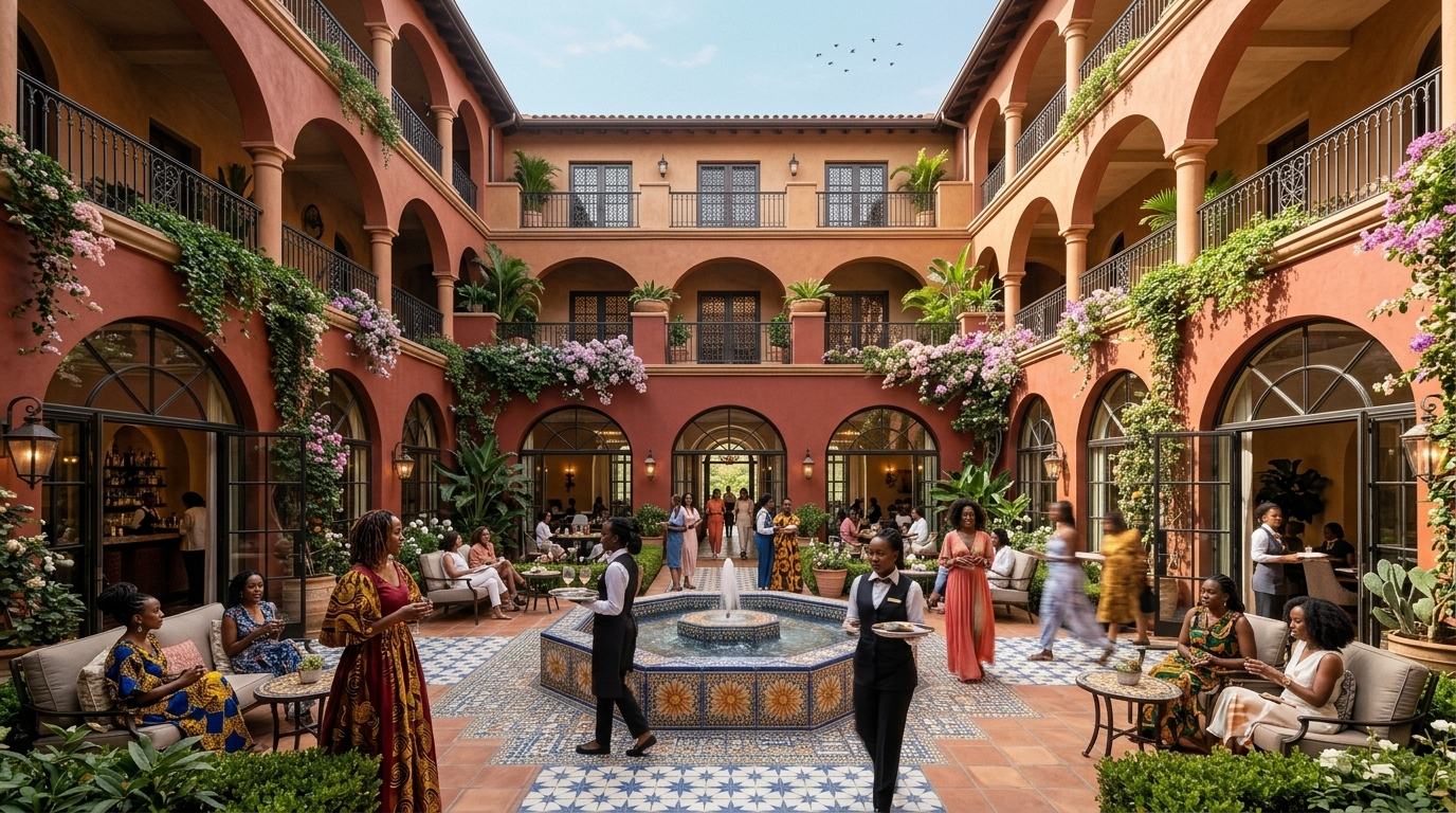 Render of a terracotta courtyard with arcaded galleries, a tiled fountain, bougainvillea and women gathering at tables.