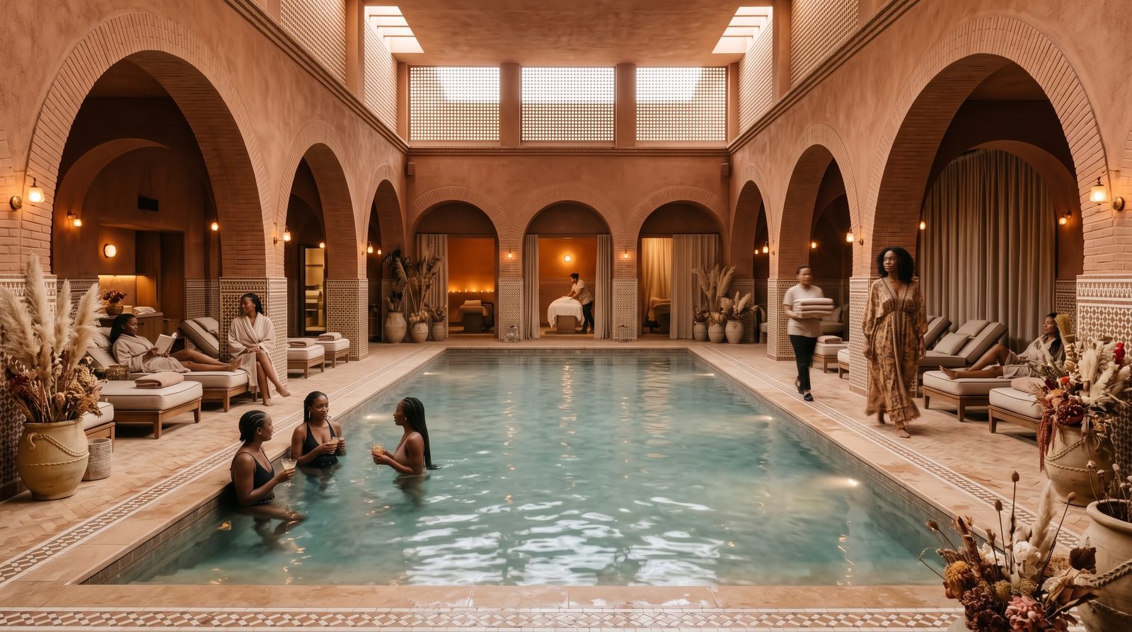Render of an underground spa with a long turquoise pool framed by brick arches, loungers and treatment rooms lit by skylights.